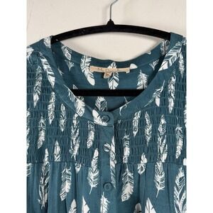 My‎ Danielle Woman's Blouse Plus XXL Turquoise Feather Print Top Henley Rayon
